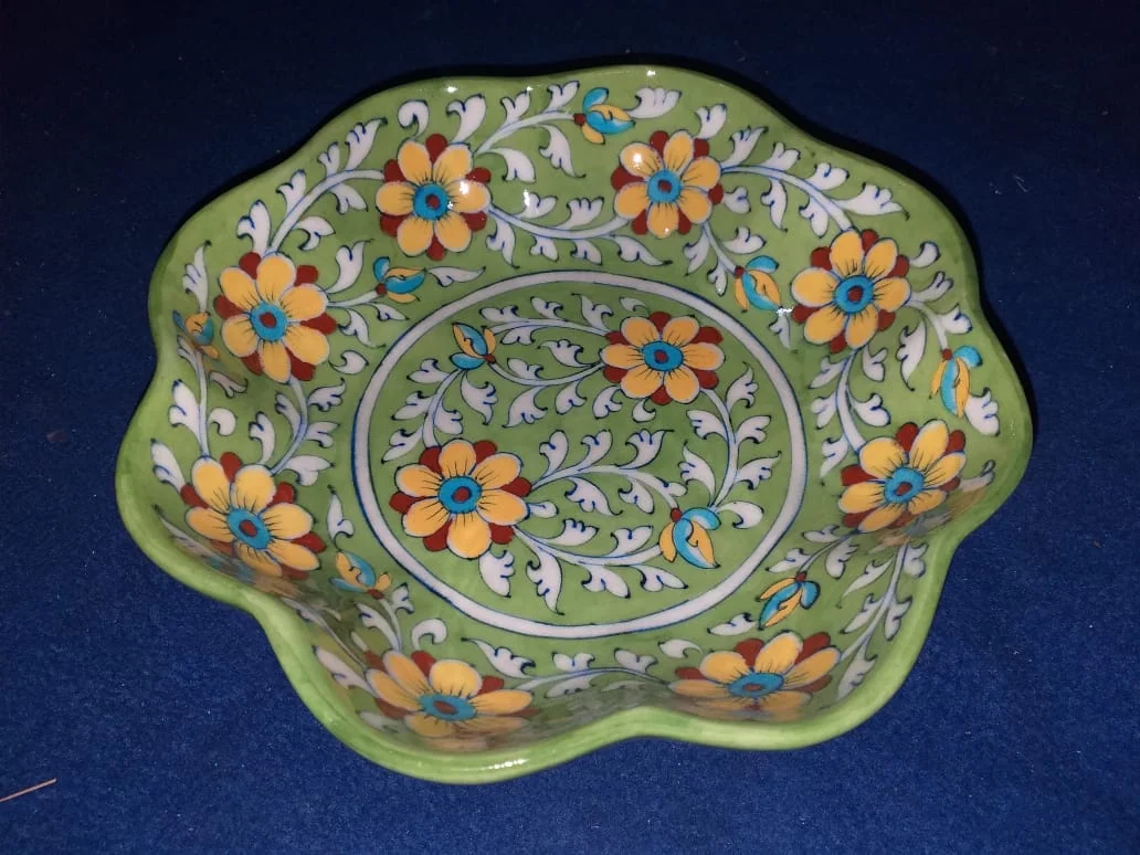 Olive Marigold Platter — handmade Jaipur blue pottery by Sagar Blue Art Pottery