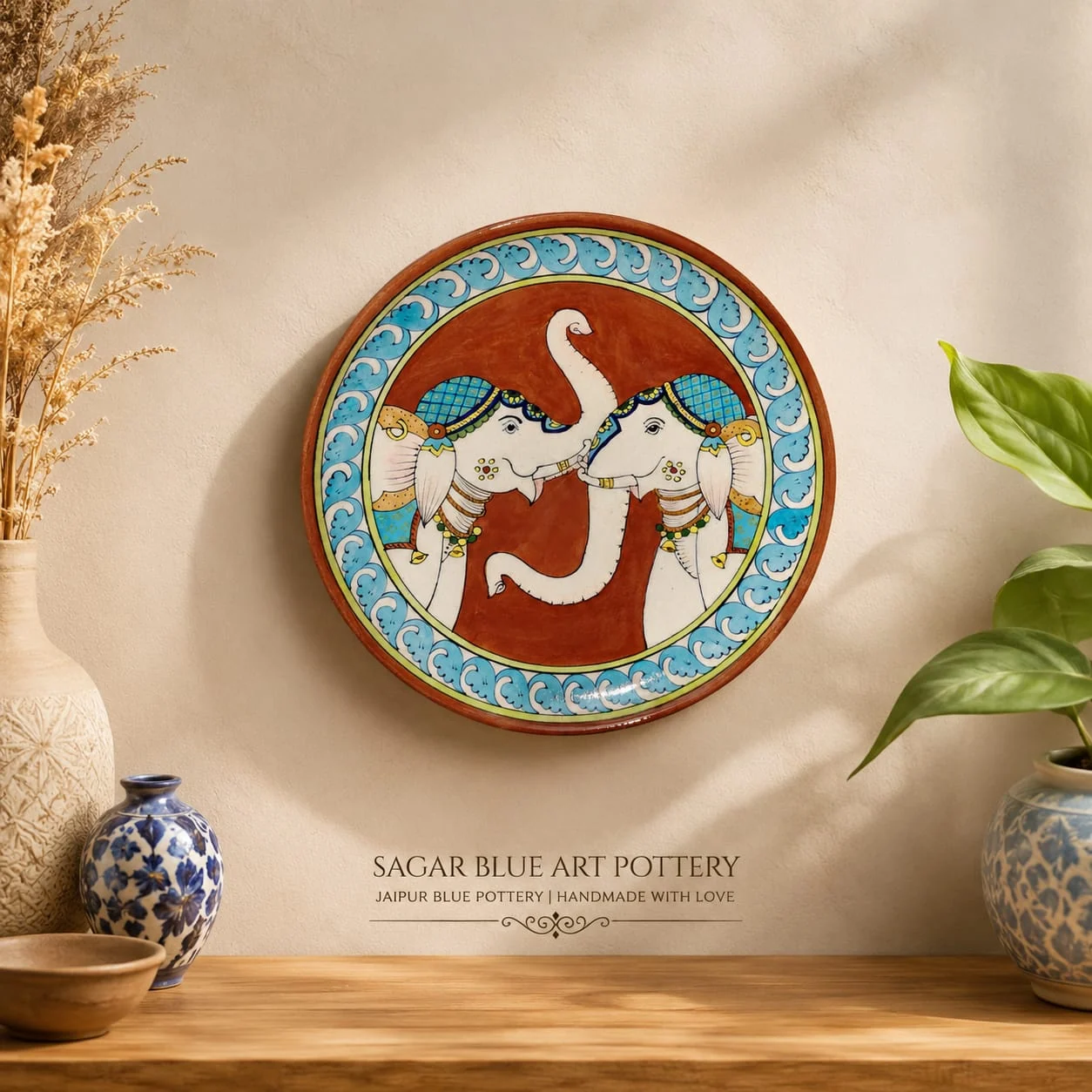 Vermilion Elephant Wall Plate — handmade Jaipur blue pottery by Sagar Blue Art Pottery
