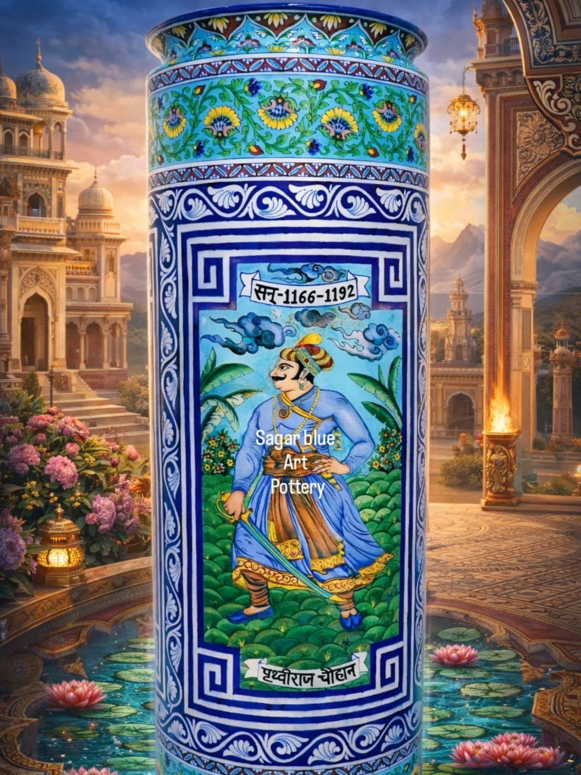 Palace Column Vase — handmade Jaipur blue pottery by Sagar Blue Art Pottery