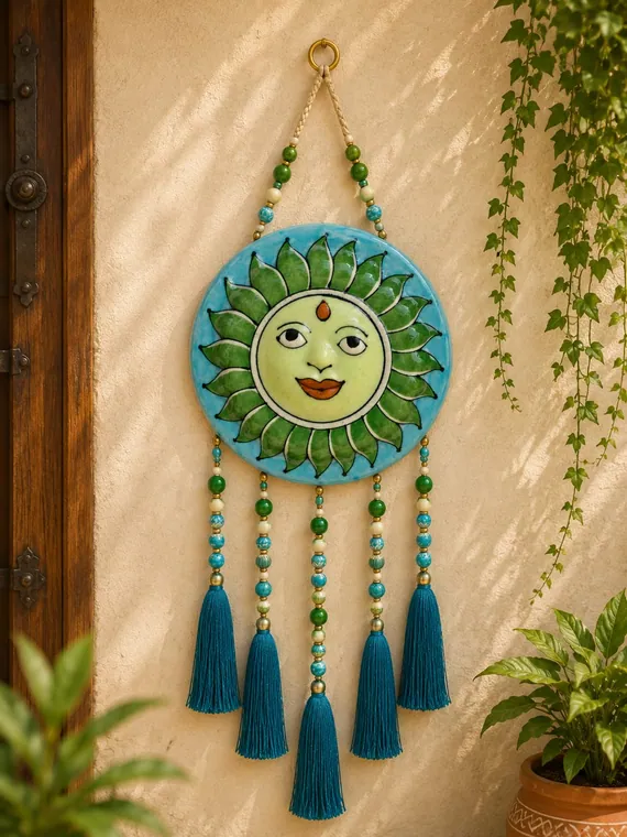 Turquoise Sun Wall Hanging — handmade Jaipur blue pottery from the Home Decor collection