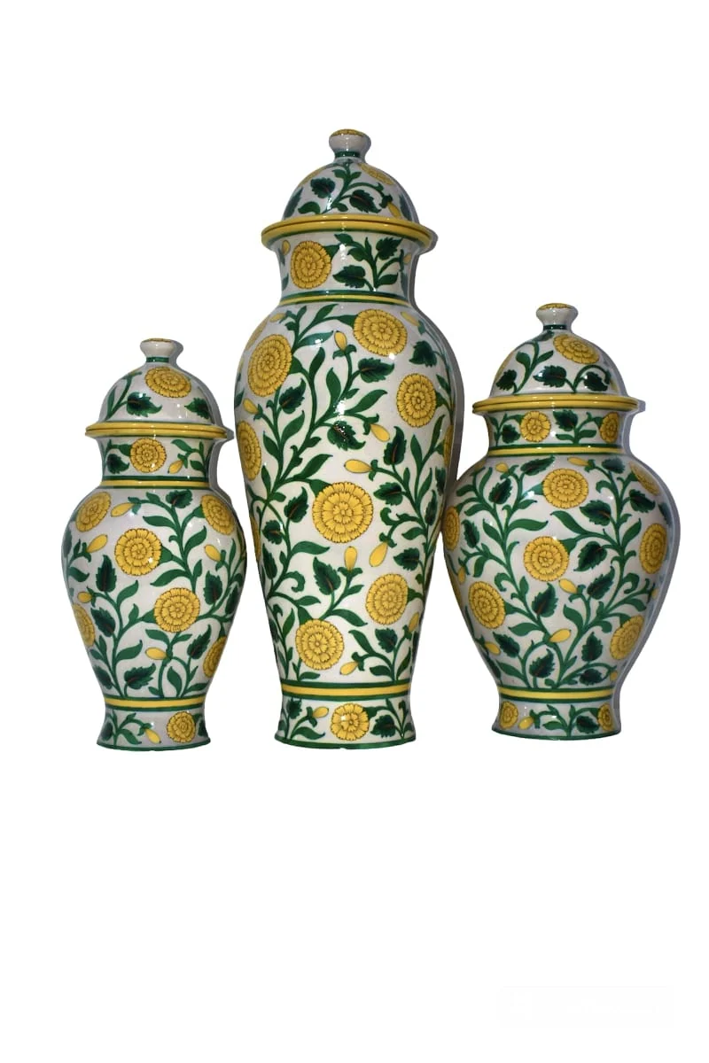 Marigold Vine Urn Trio — handmade Jaipur blue pottery by Sagar Blue Art Pottery
