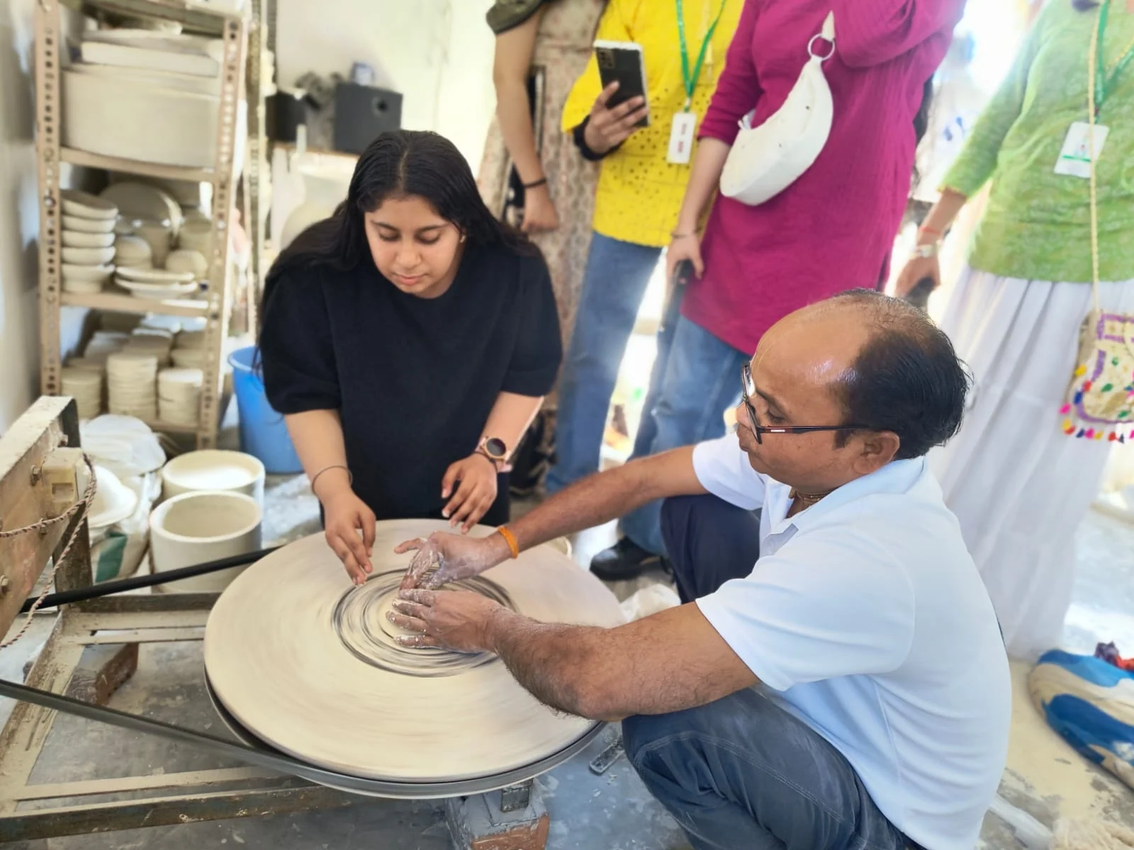 Learning blue pottery at the Sagar Blue Art Pottery workshop in Jaipur