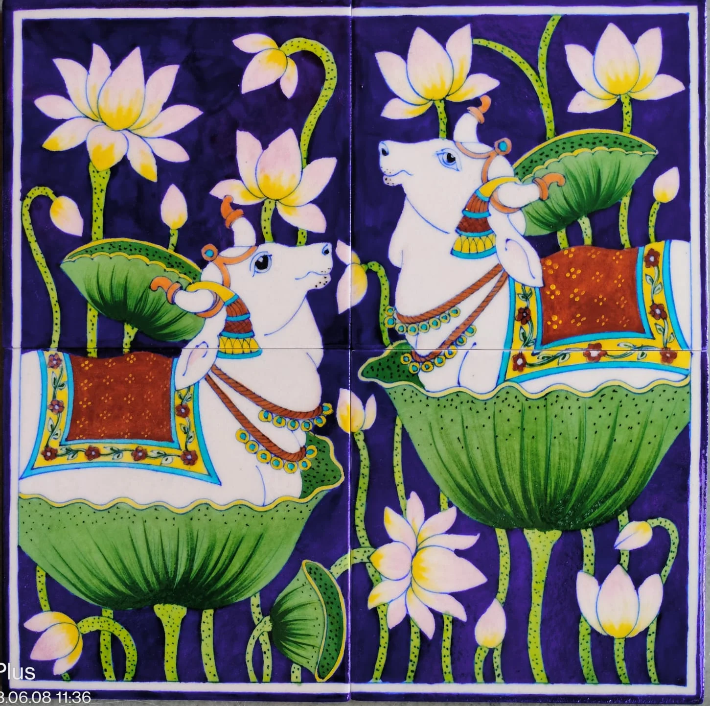 Lotus Kamdhenu Tile Diptych — handmade Jaipur blue pottery by Sagar Blue Art Pottery