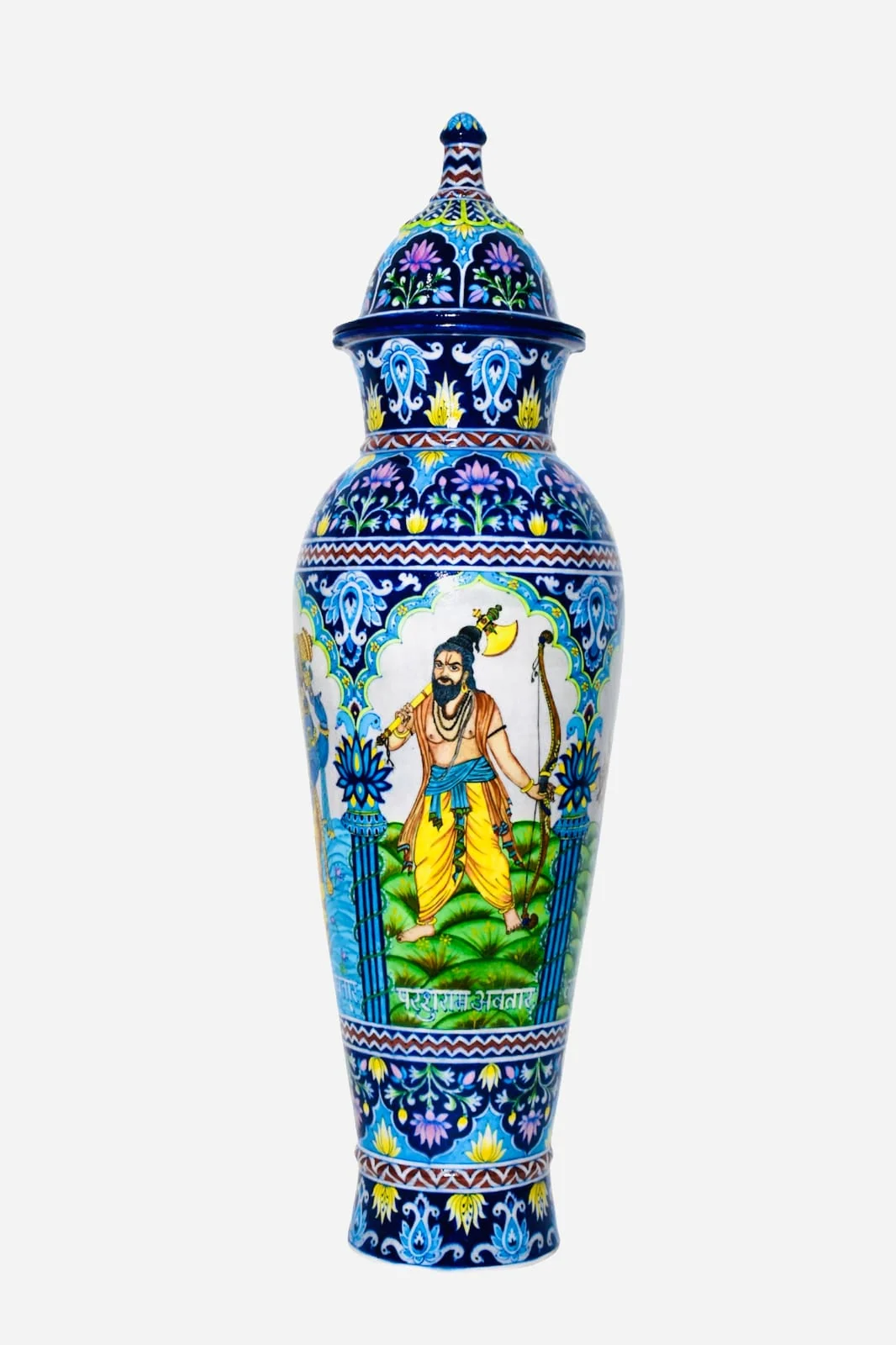 Peacock Panel Temple Urn — handmade Jaipur blue pottery by Sagar Blue Art Pottery