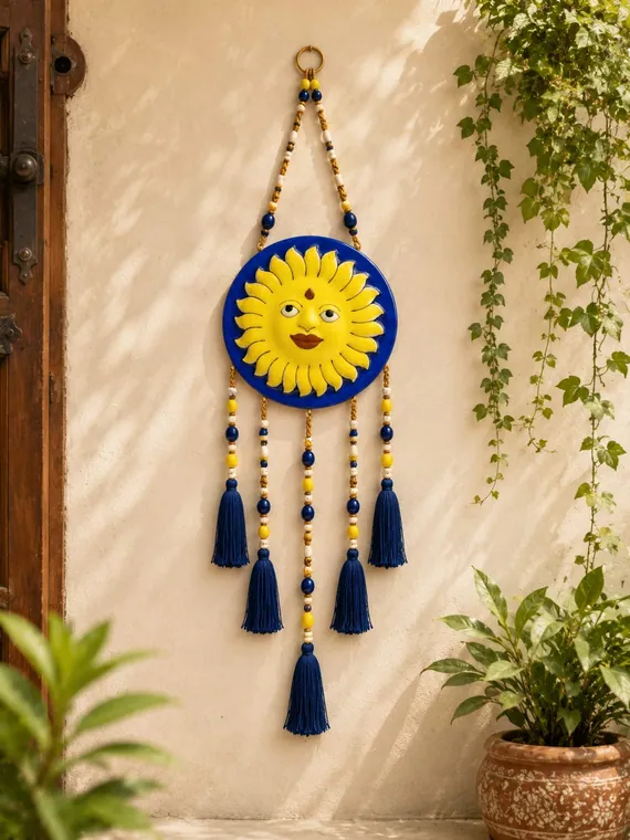 Cobalt Sun Wall Hanging — handmade Jaipur blue pottery from the Home Decor collection