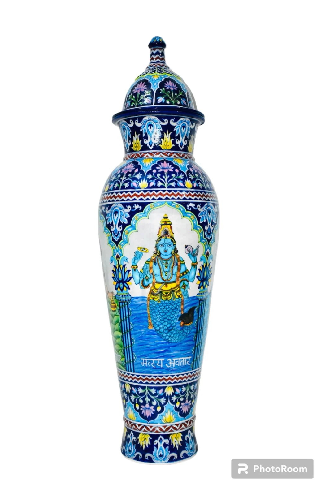 Goddess Panel Temple Urn — handmade Jaipur blue pottery by Sagar Blue Art Pottery