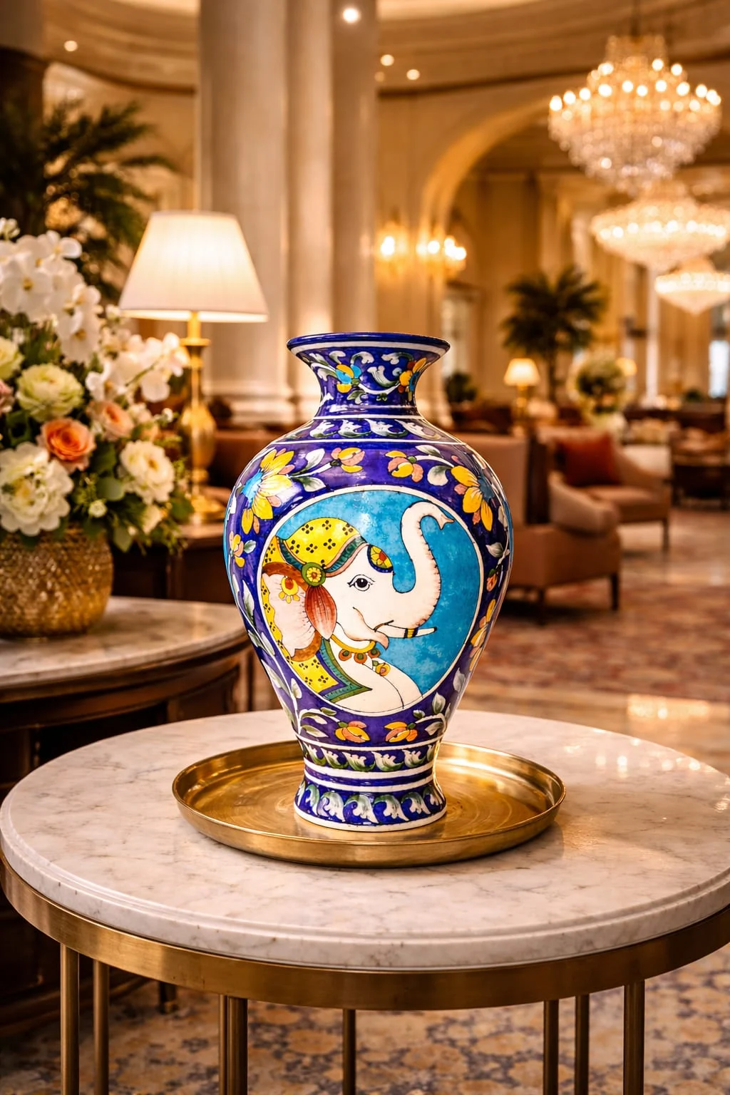 Radha Krishna Panel Vase — handmade Jaipur blue pottery by Sagar Blue Art Pottery