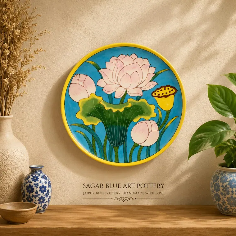Blush Lotus Wall Plate — handmade Jaipur blue pottery from the Home Decor collection