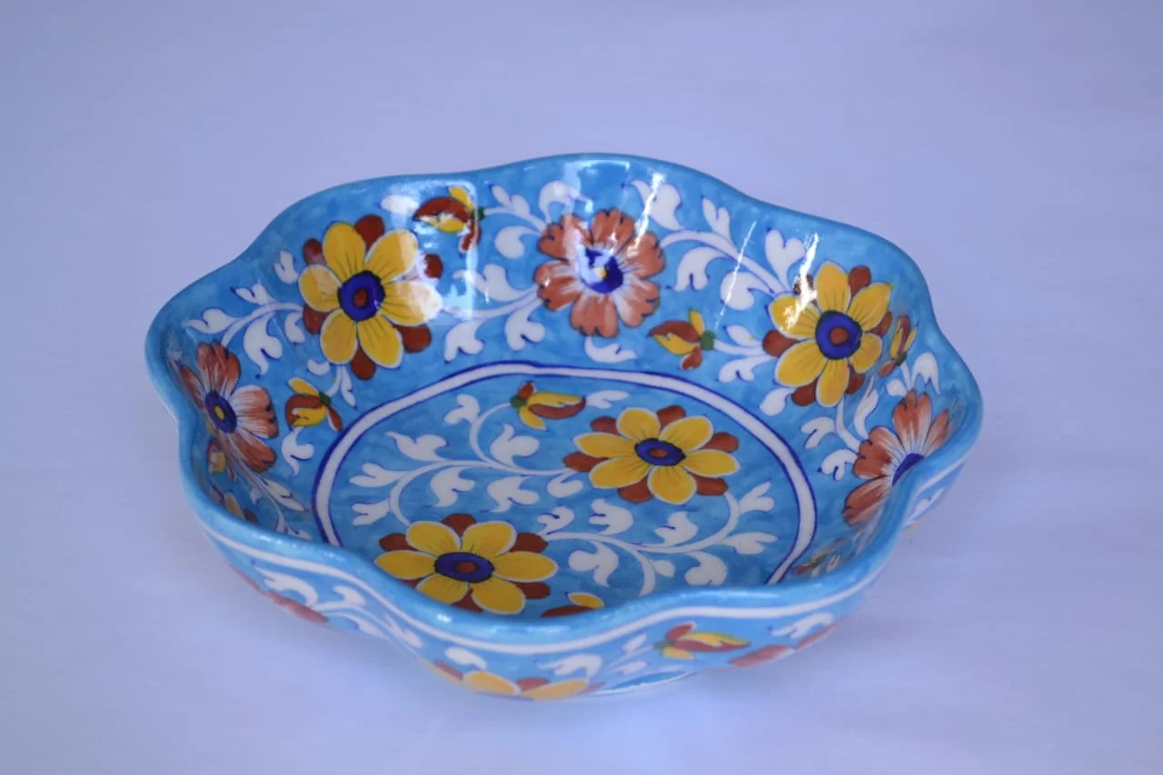 Turquoise Blossom Scalloped Bowl — handmade Jaipur blue pottery by Sagar Blue Art Pottery