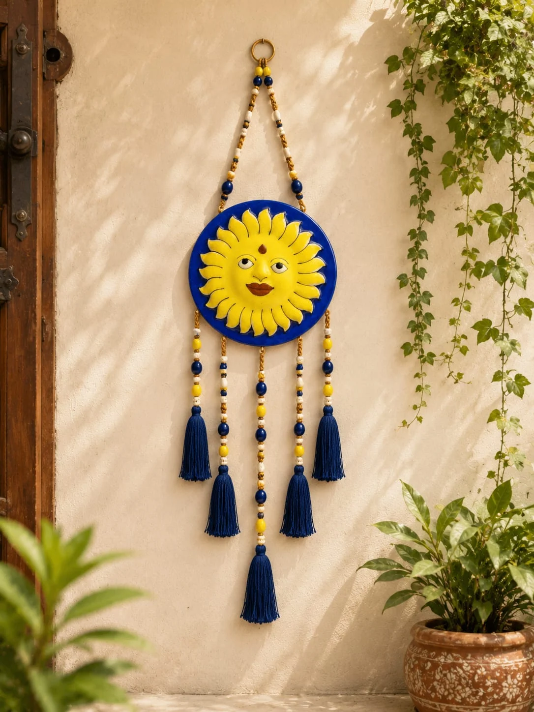 Cobalt Sun Wall Hanging — handmade Jaipur blue pottery by Sagar Blue Art Pottery