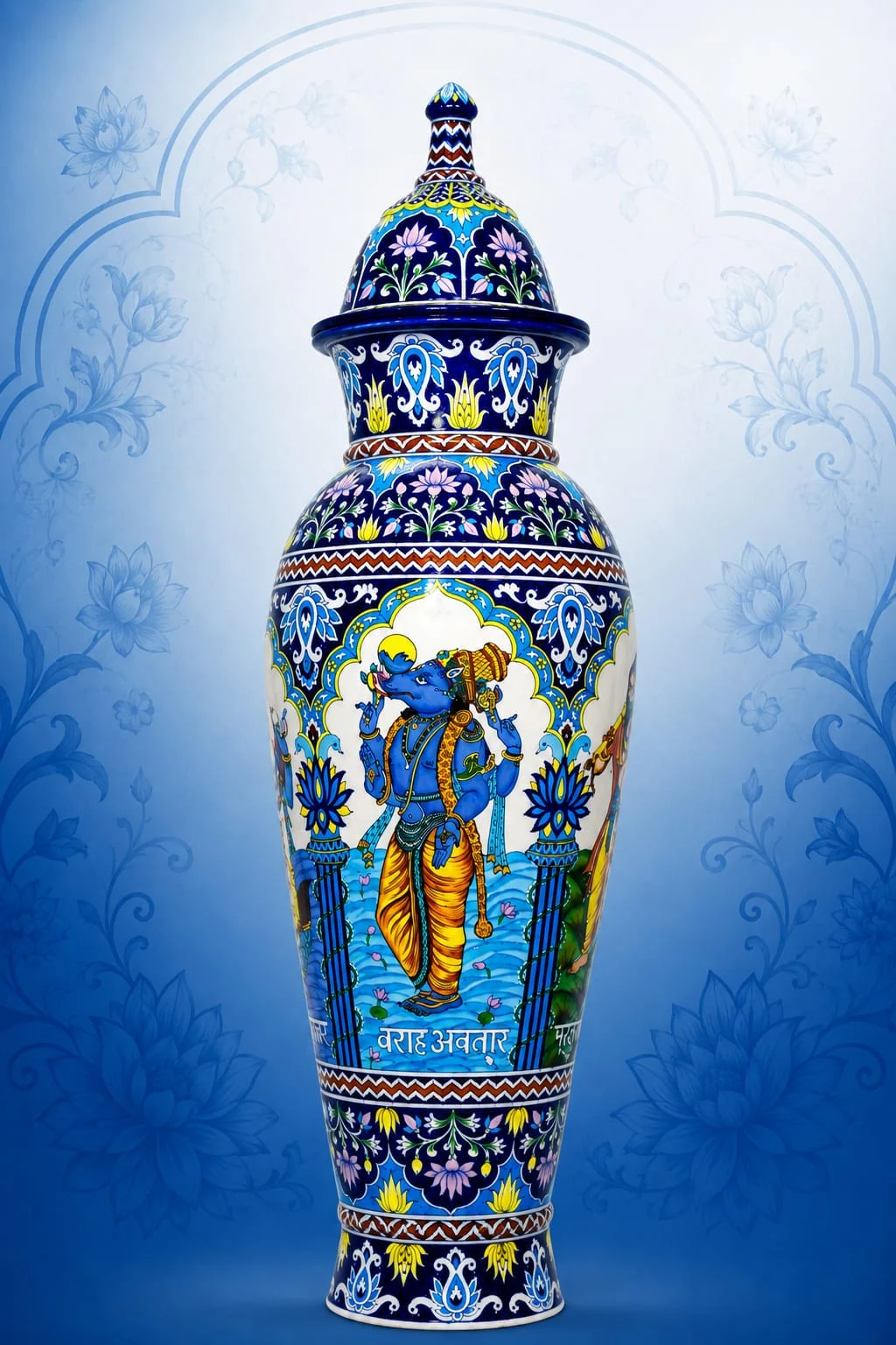 Miniature Panel Temple Urn III — handmade Jaipur blue pottery by Sagar Blue Art Pottery