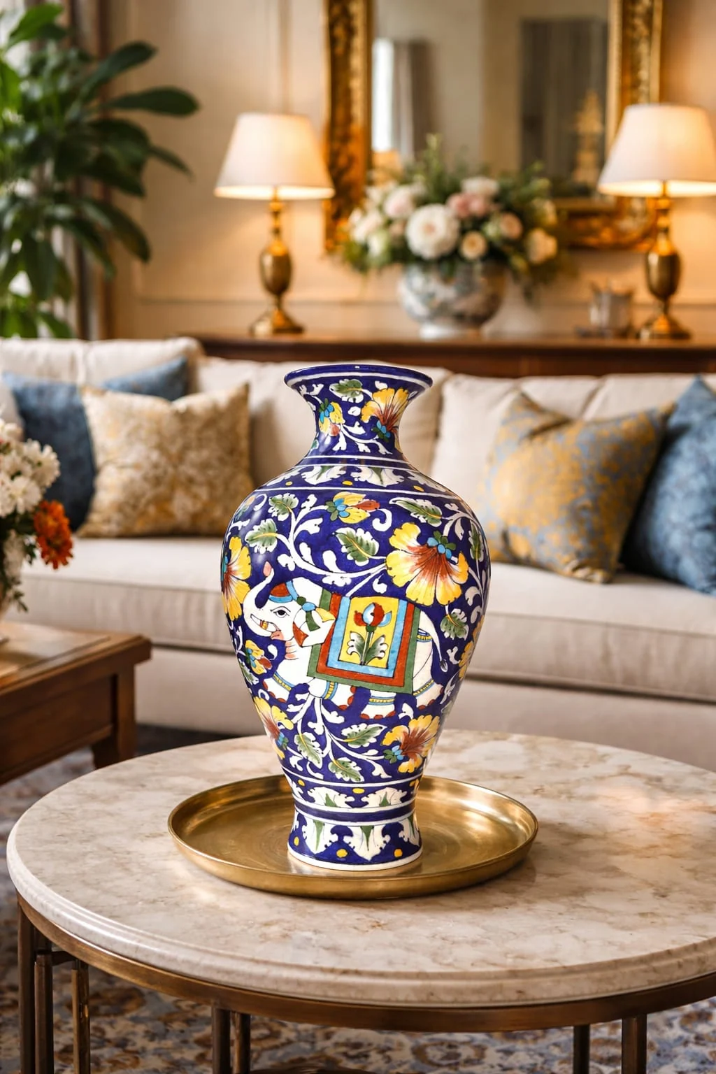 Indigo Figure Panel Vase — handmade Jaipur blue pottery by Sagar Blue Art Pottery