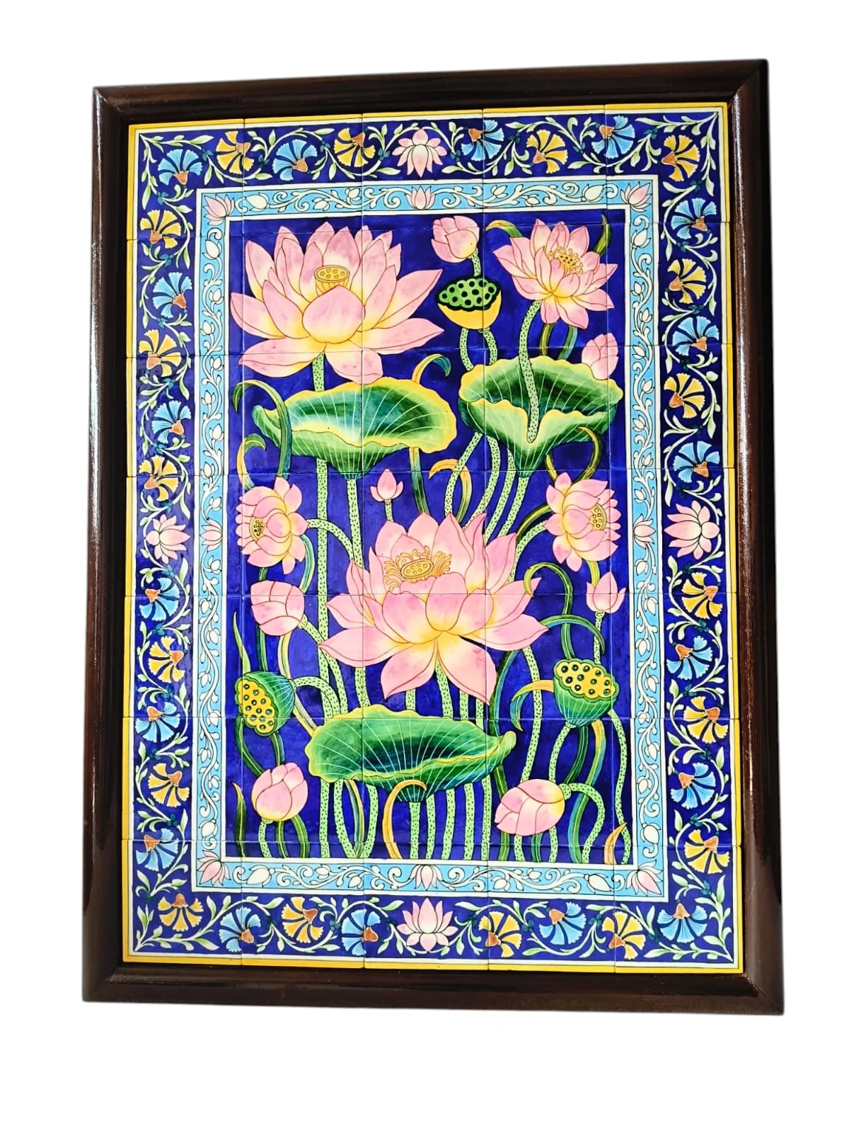 Framed Lotus Panel Mural — handmade Jaipur blue pottery by Sagar Blue Art Pottery