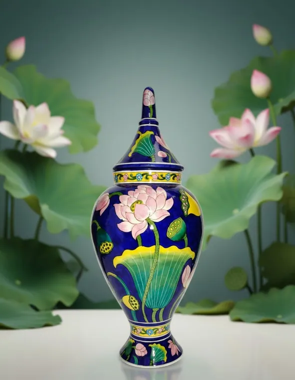 Lotus Pond Lidded Urn — handmade Jaipur blue pottery from the Vases & Urns collection