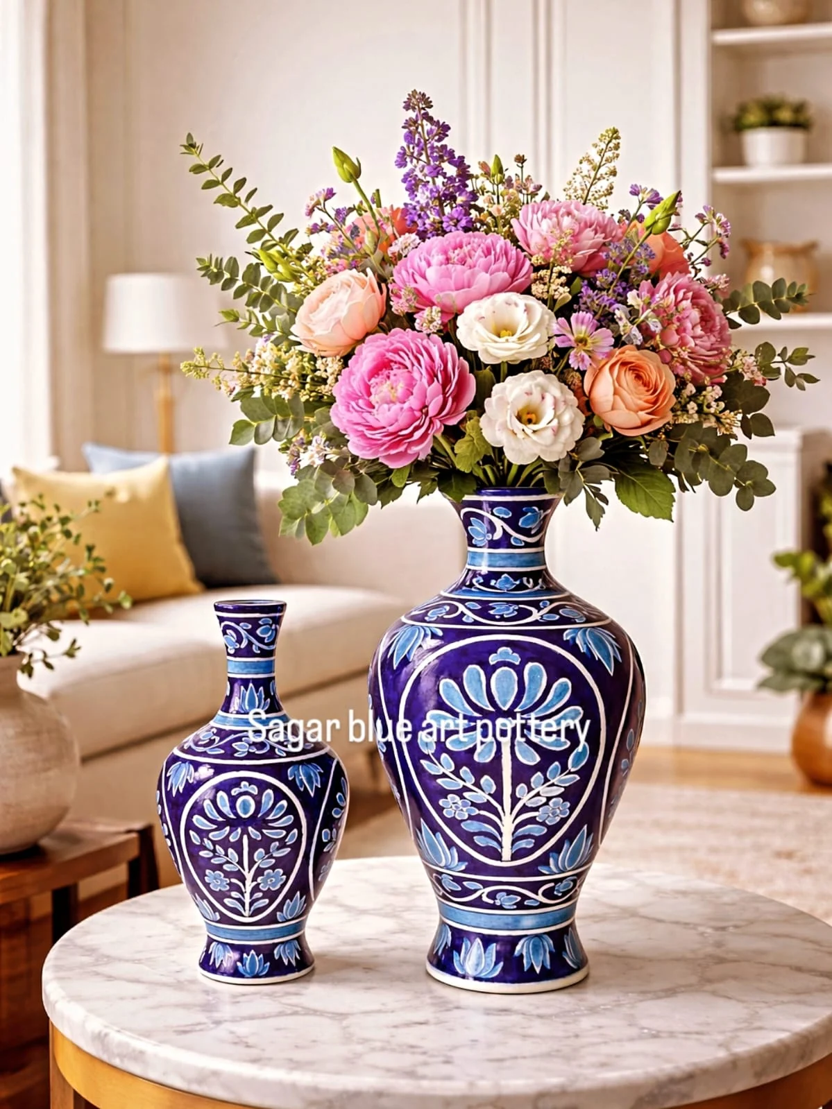 Pair of Indigo Blossom Vases — handmade Jaipur blue pottery by Sagar Blue Art Pottery