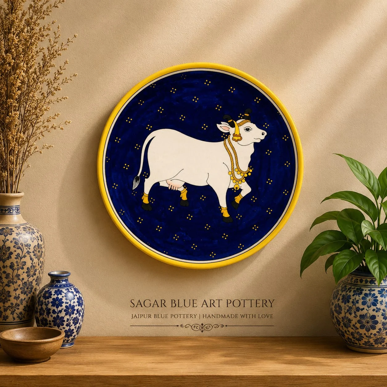 Kamdhenu Wall Plate — handmade Jaipur blue pottery by Sagar Blue Art Pottery
