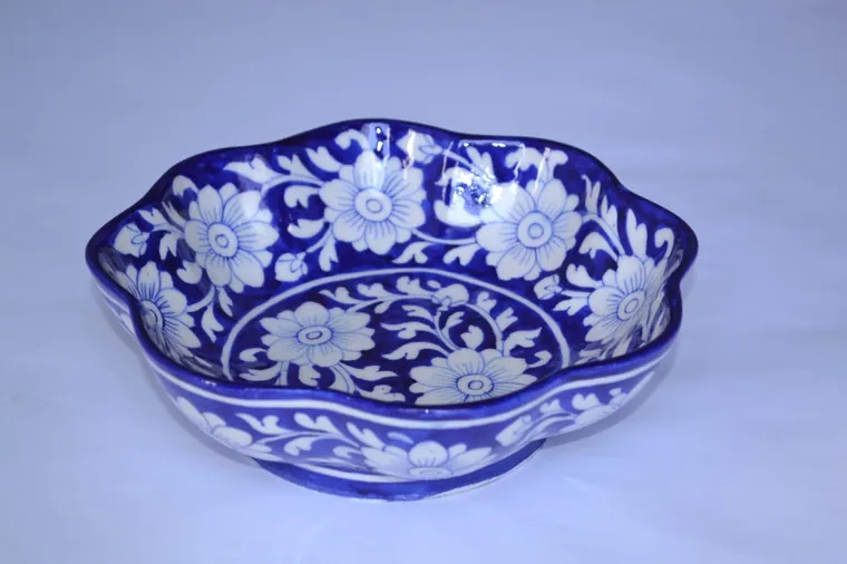 Cobalt Jasmine Scalloped Bowl — handmade Jaipur blue pottery from the Serving & Tableware collection