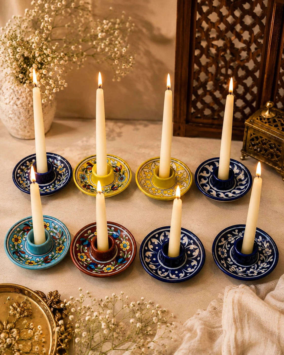 Candle Holder Set — handmade Jaipur blue pottery by Sagar Blue Art Pottery