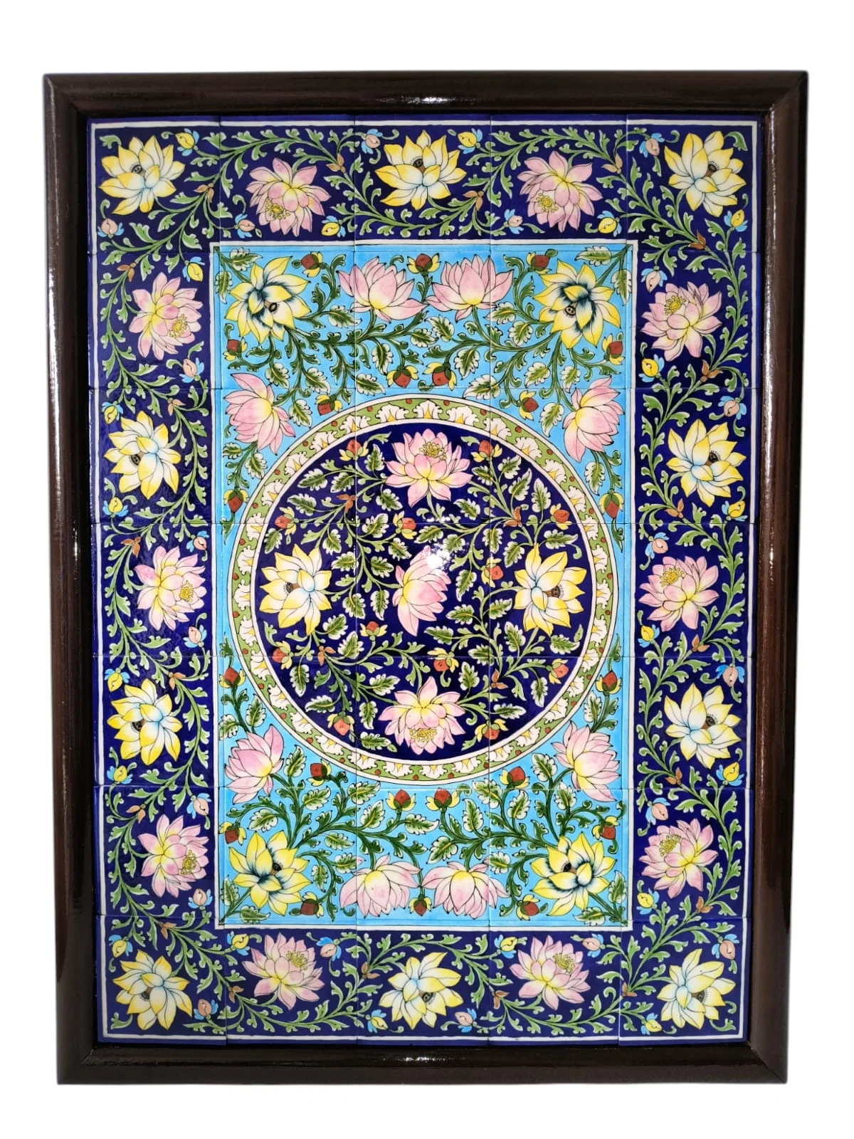 Framed Lotus Medallion Mural — handmade Jaipur blue pottery by Sagar Blue Art Pottery