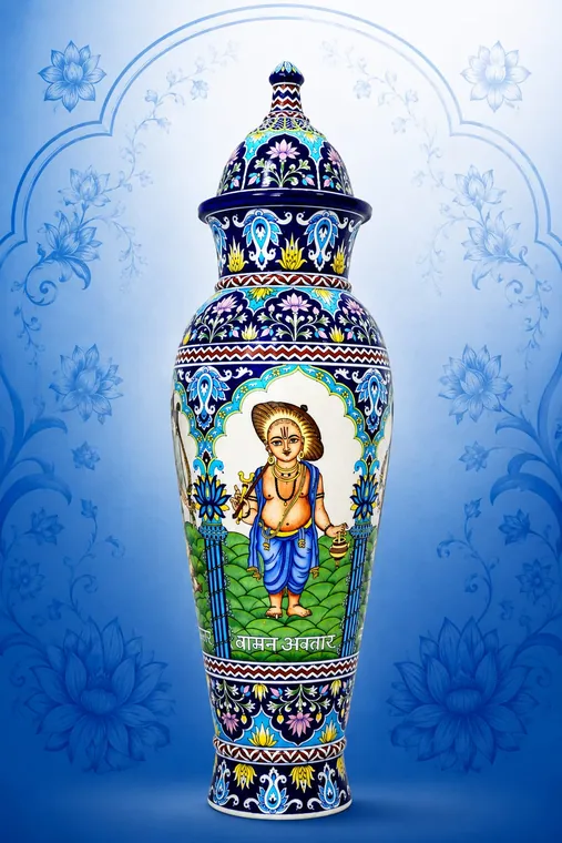 Miniature Panel Temple Urn I — handmade Jaipur blue pottery from the Vases & Urns collection