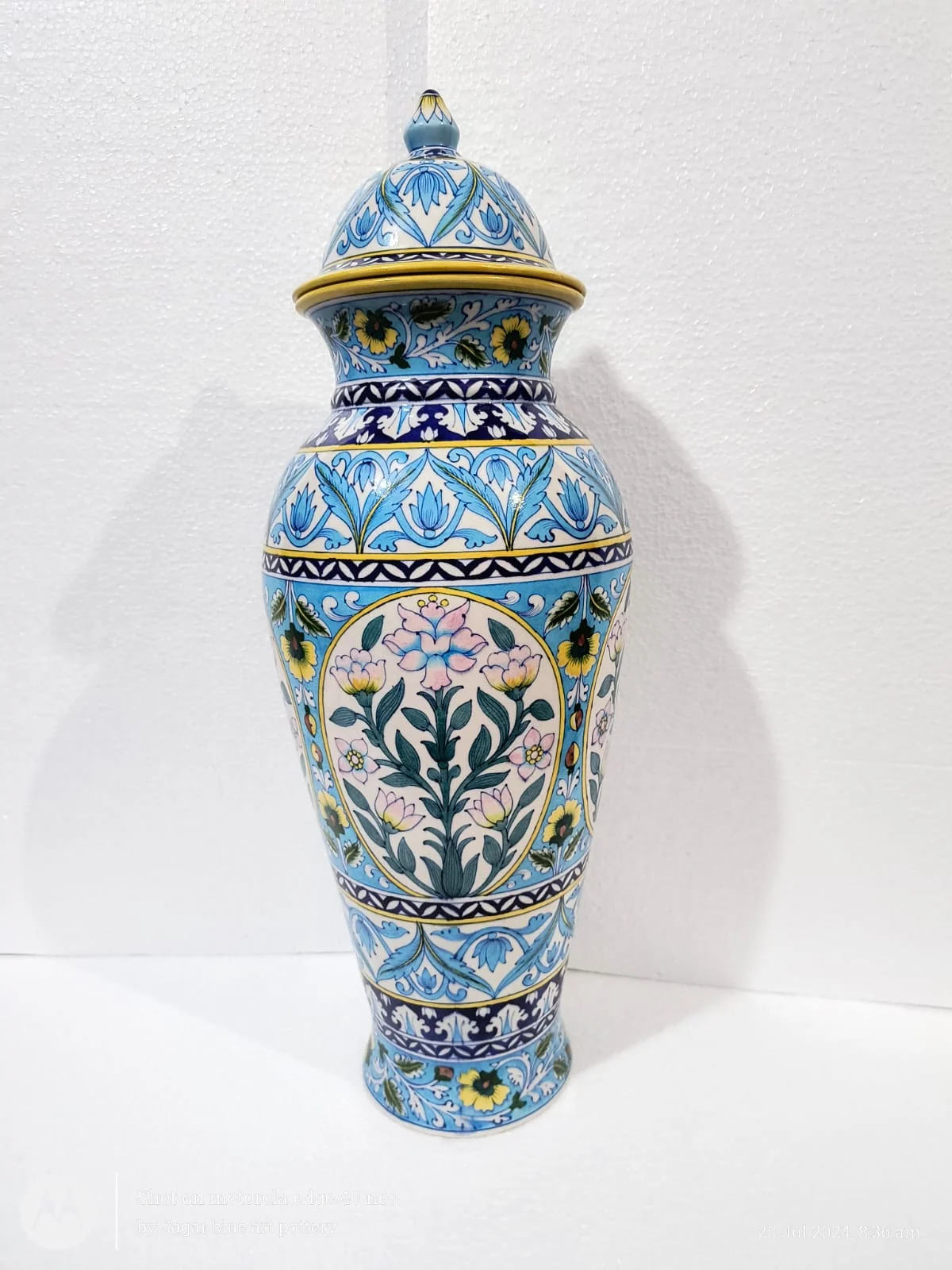 Turquoise Lotus Lidded Urn — handmade Jaipur blue pottery by Sagar Blue Art Pottery