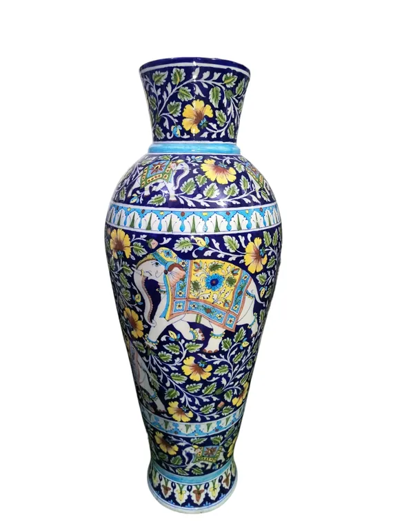 Ivory Elephant Panel Vase — handmade Jaipur blue pottery from the Vases & Urns collection