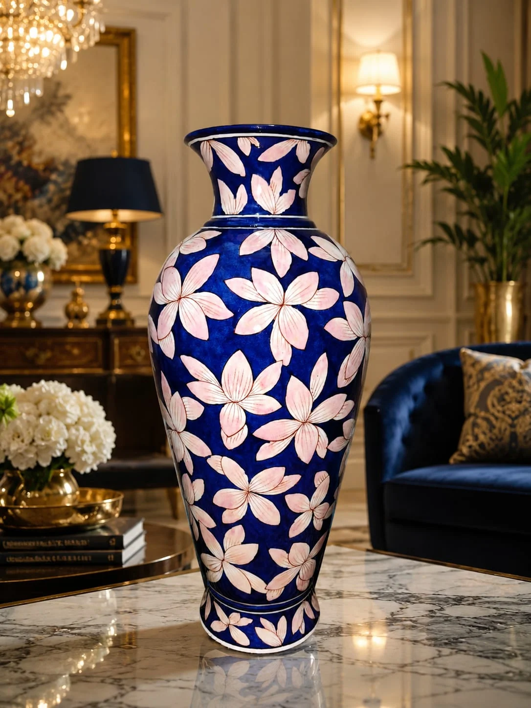 Indigo Jasmine Floor Vase — handmade Jaipur blue pottery by Sagar Blue Art Pottery