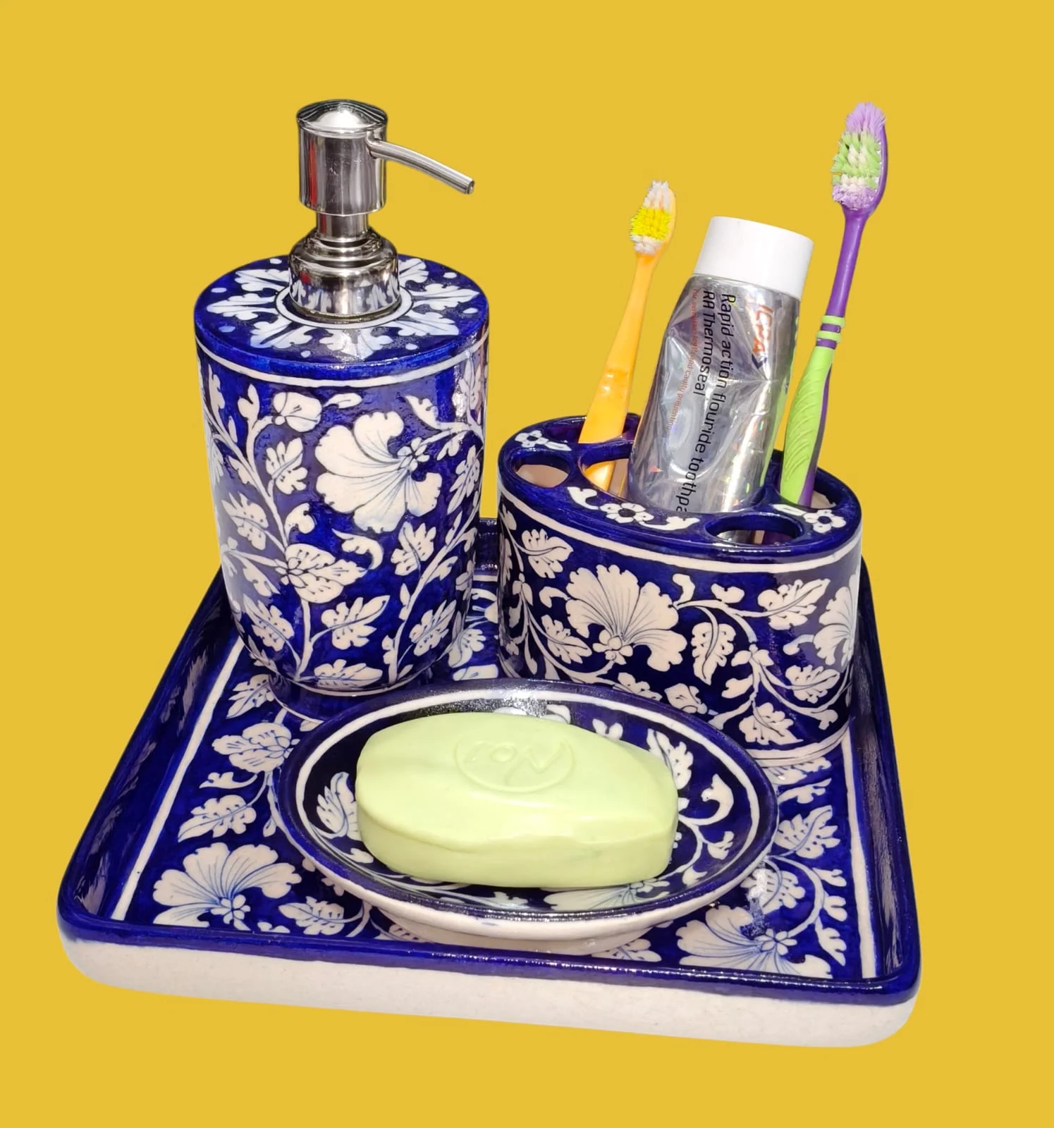 Cobalt Bath Set with Tray — handmade Jaipur blue pottery by Sagar Blue Art Pottery