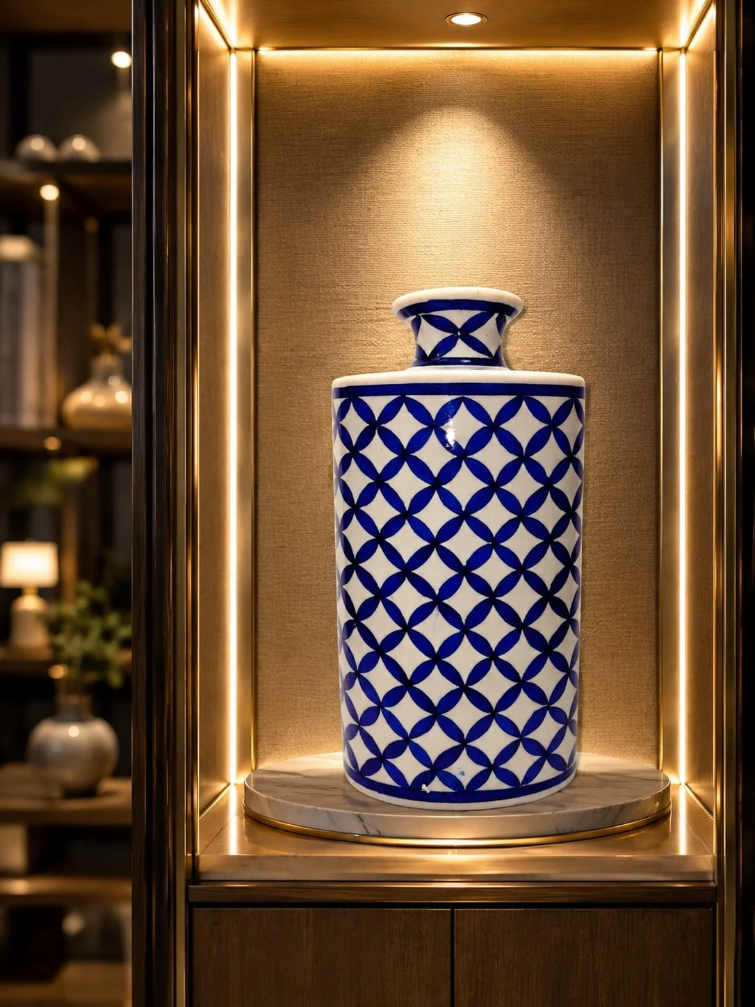 Cobalt Lattice Alcove Vase — handmade Jaipur blue pottery by Sagar Blue Art Pottery