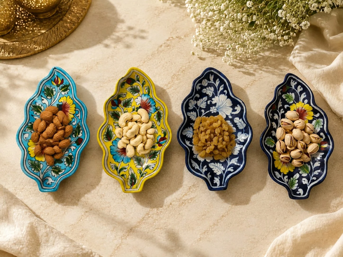 Leaf Dry Fruit Dishes — handmade Jaipur blue pottery by Sagar Blue Art Pottery