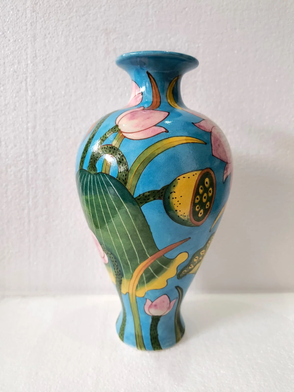 Turquoise Lotus & Fish Vase — handmade Jaipur blue pottery by Sagar Blue Art Pottery