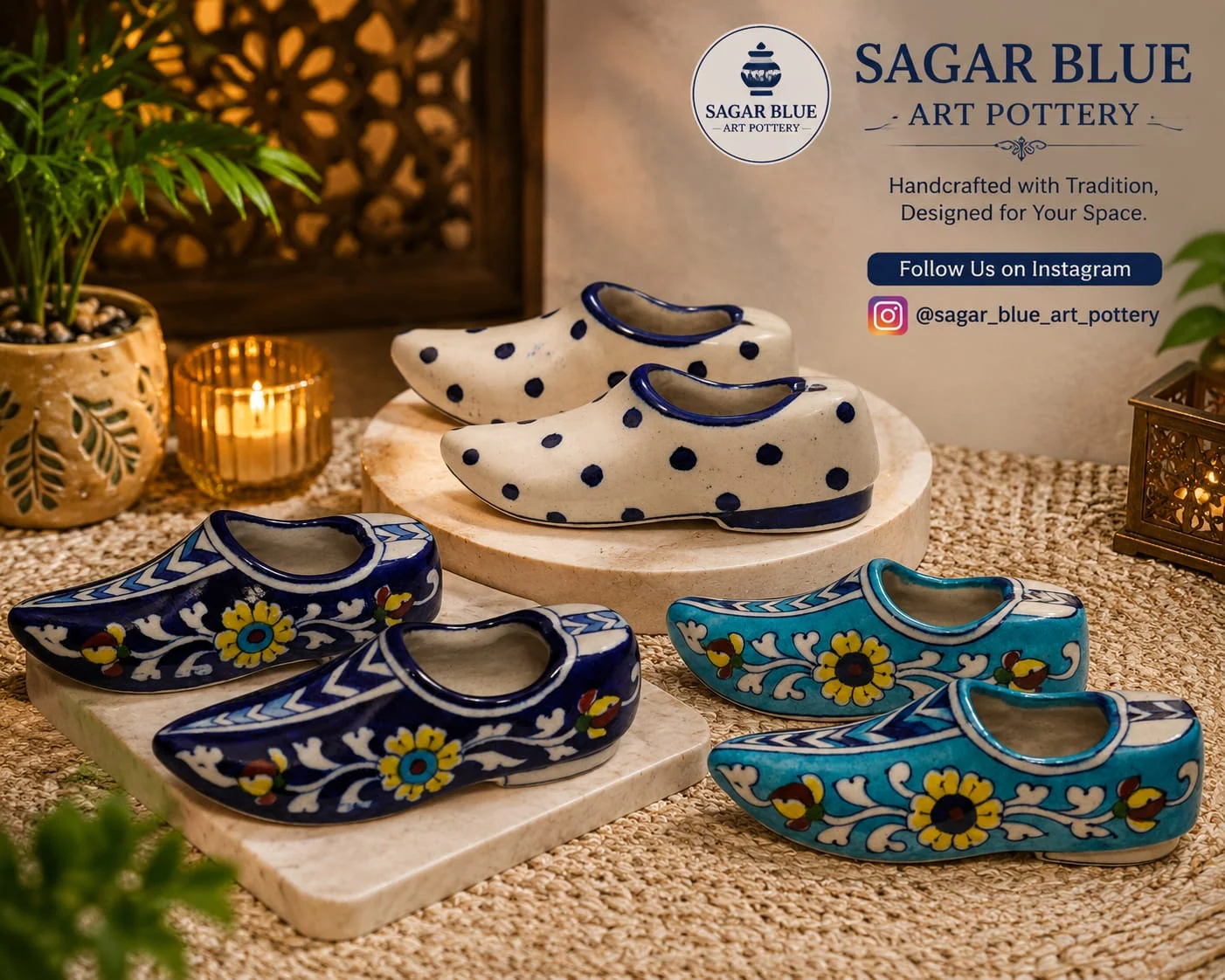 Jutti Tealight Holders — handmade Jaipur blue pottery by Sagar Blue Art Pottery