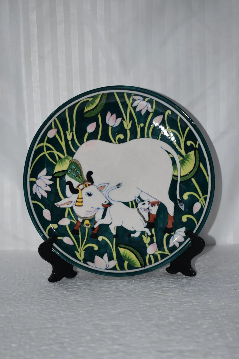 Kamdhenu & Lotus Plate — handmade Jaipur blue pottery by Sagar Blue Art Pottery