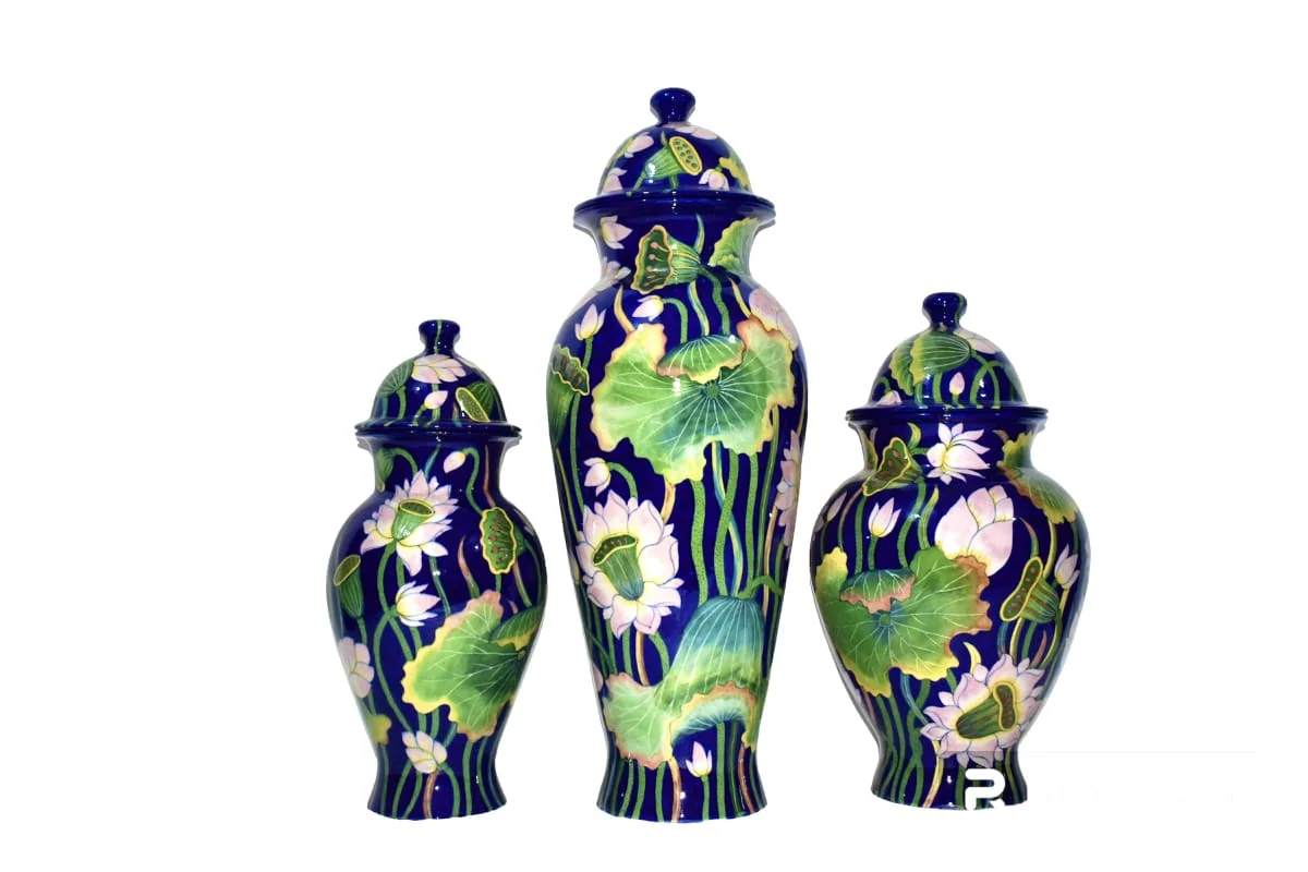 Indigo Lotus Urn Trio — handmade Jaipur blue pottery by Sagar Blue Art Pottery