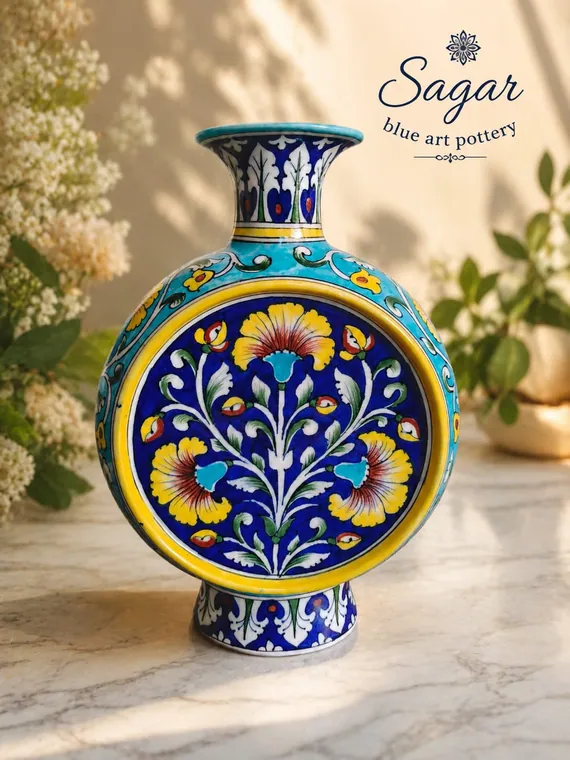 Marigold Surahi Vase — handmade Jaipur blue pottery from the Home Decor collection