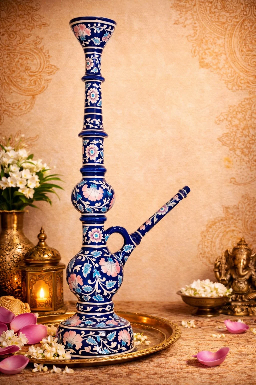 Cobalt Floral Hookah — handmade Jaipur blue pottery by Sagar Blue Art Pottery