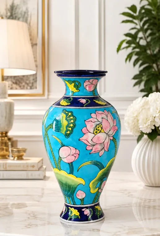 Turquoise Lotus Vase — handmade Jaipur blue pottery from the Vases & Urns collection