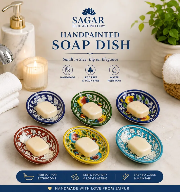 Handpainted Soap Dishes — handmade Jaipur blue pottery from the Utility Products collection