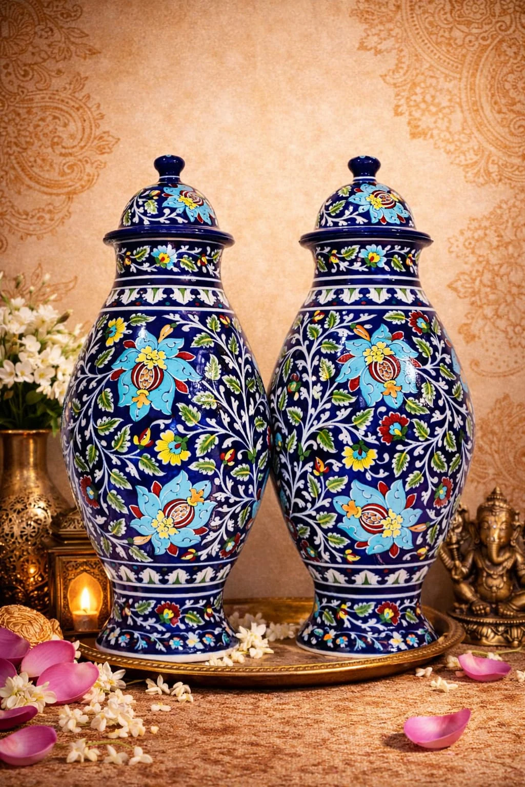 Pair of Blue Blossom Urns — handmade Jaipur blue pottery by Sagar Blue Art Pottery