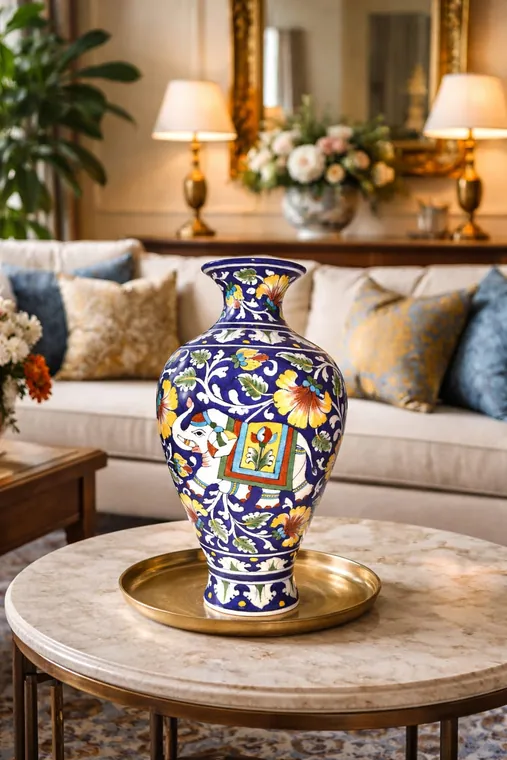 Indigo Figure Panel Vase — handmade Jaipur blue pottery from the Vases & Urns collection