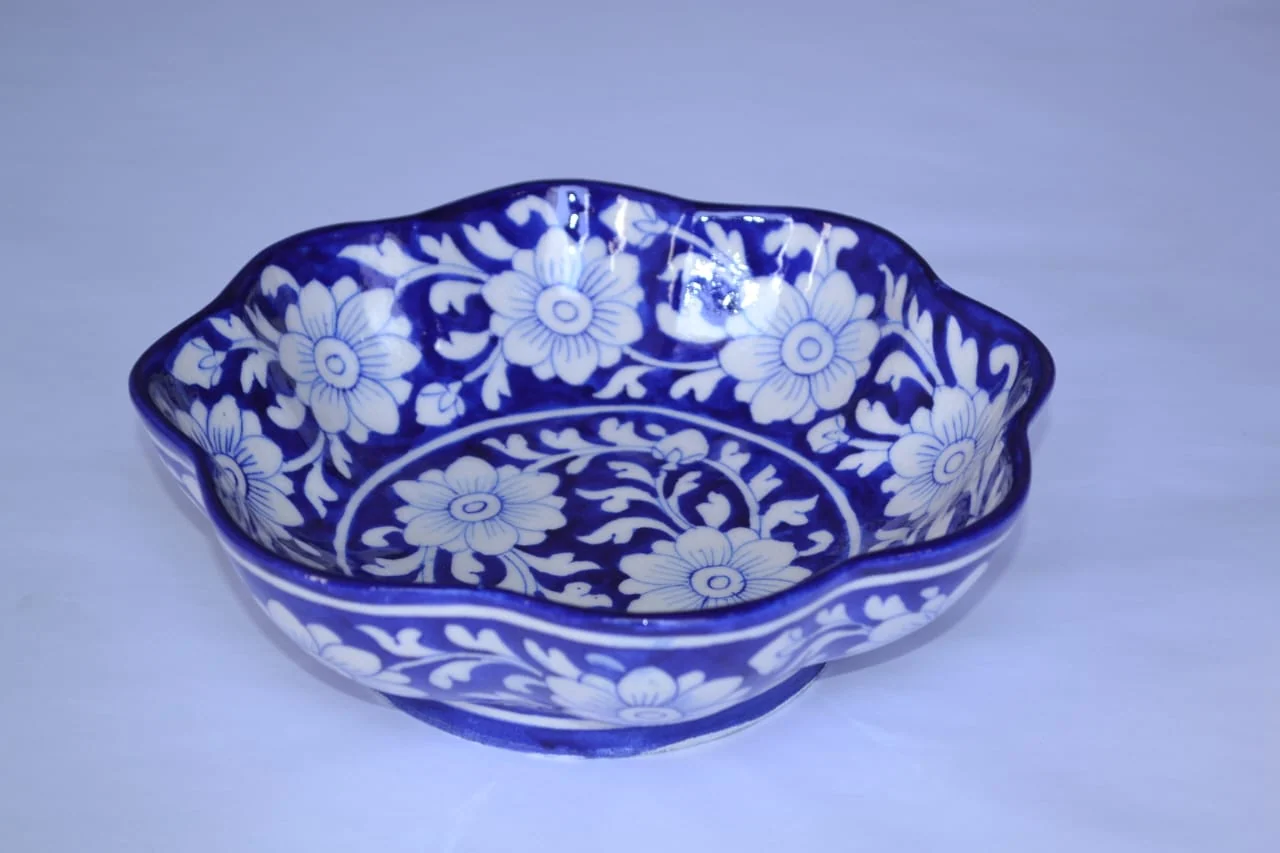 Cobalt Jasmine Scalloped Bowl — handmade Jaipur blue pottery by Sagar Blue Art Pottery