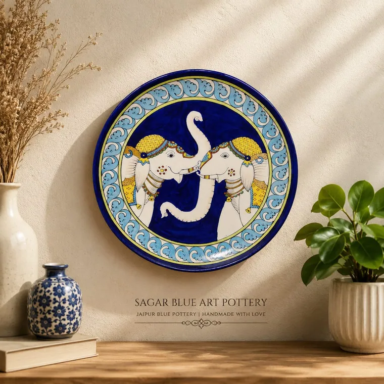 Elephant Medallion Wall Plate — handmade Jaipur blue pottery from the Home Decor collection