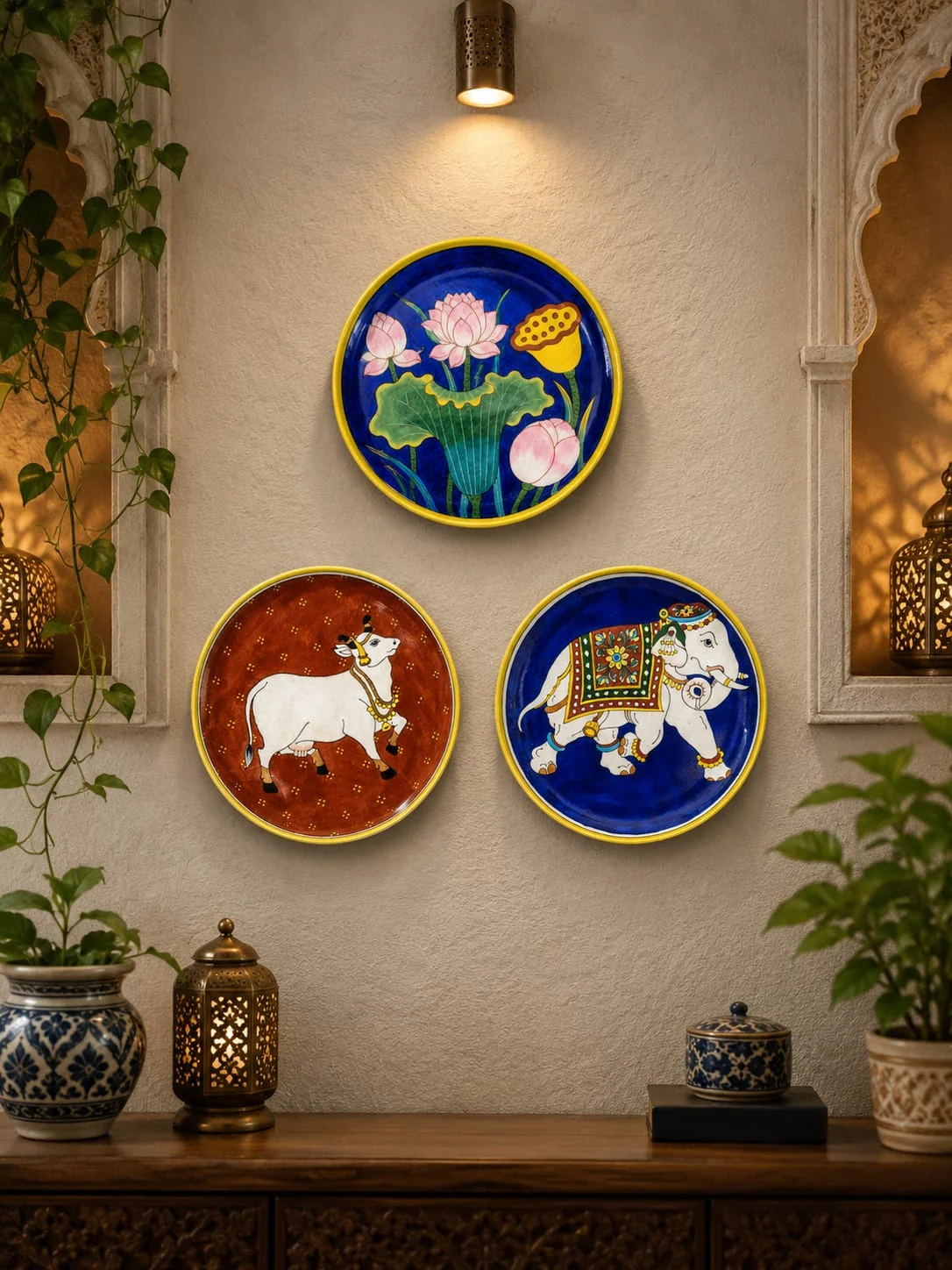 Curated Wall Plate Arrangement — handmade Jaipur blue pottery by Sagar Blue Art Pottery