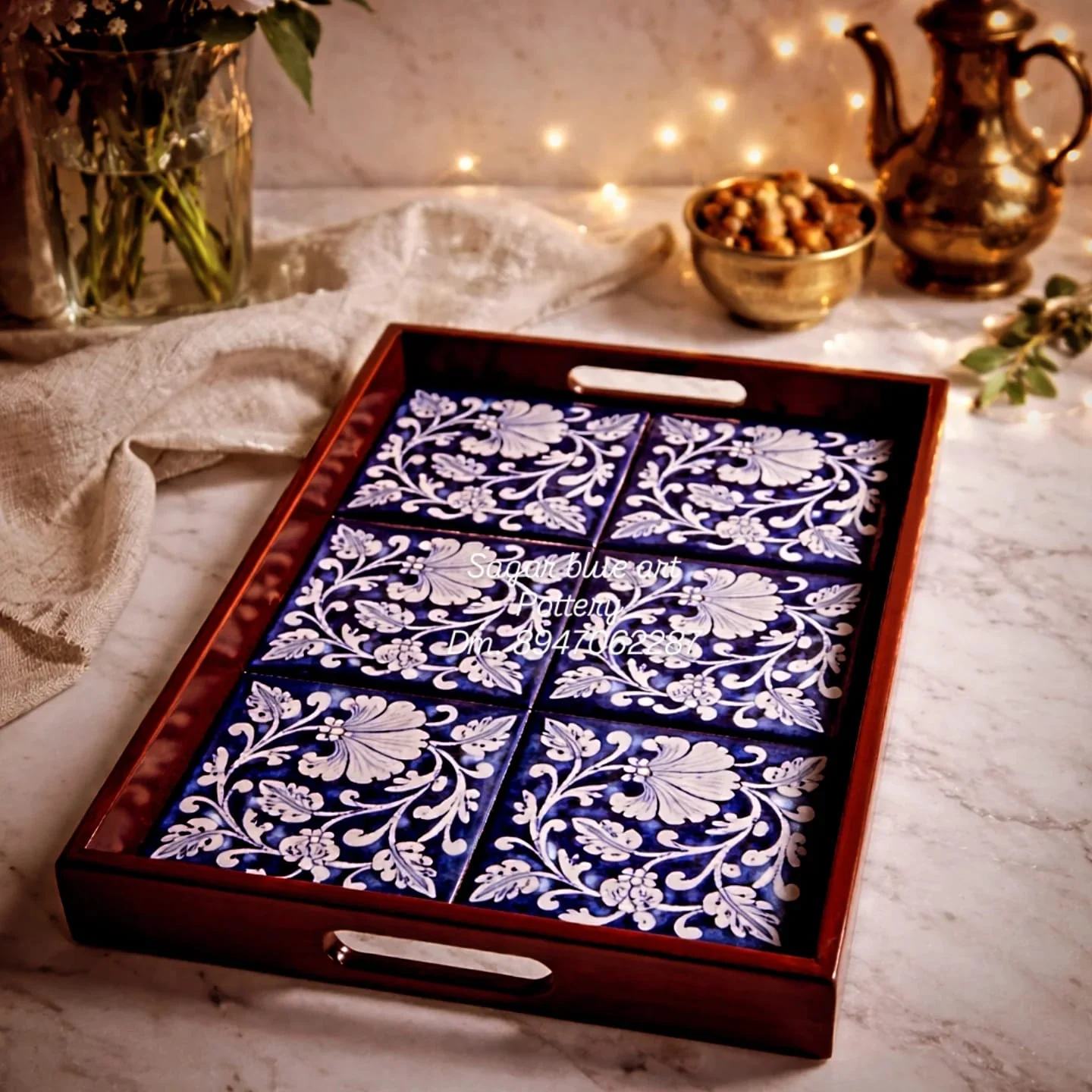 Jasmine Tiled Tray — handmade Jaipur blue pottery by Sagar Blue Art Pottery