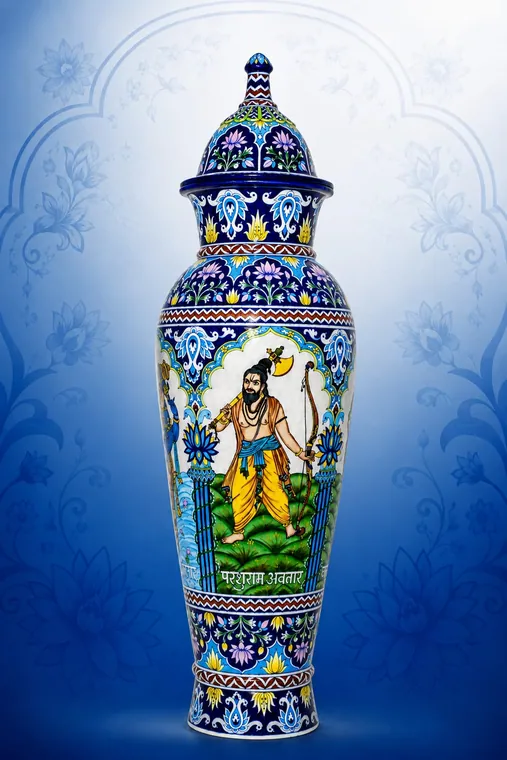 Miniature Panel Temple Urn IV — handmade Jaipur blue pottery from the Vases & Urns collection
