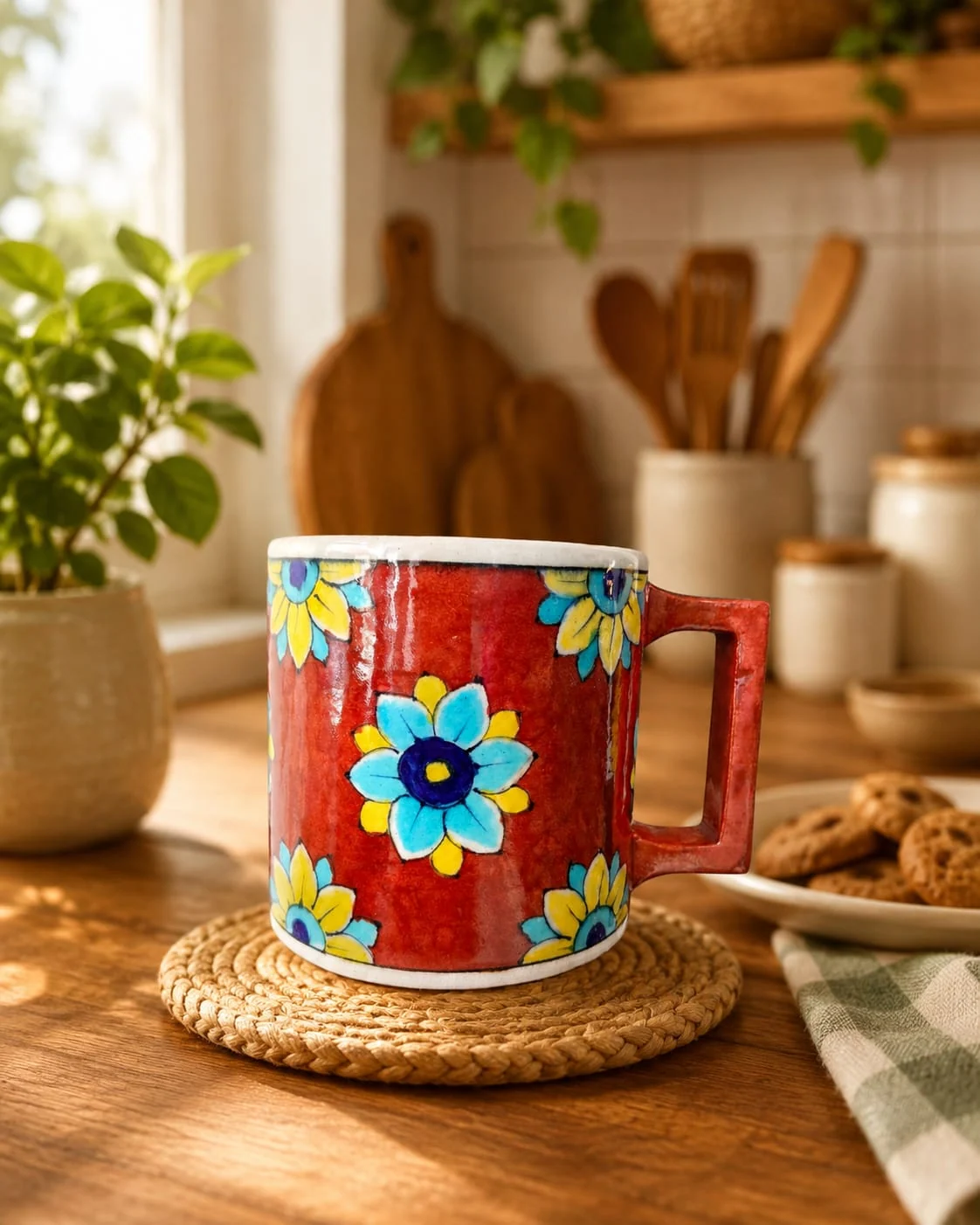 Vermilion Sunflower Mug — handmade Jaipur blue pottery by Sagar Blue Art Pottery