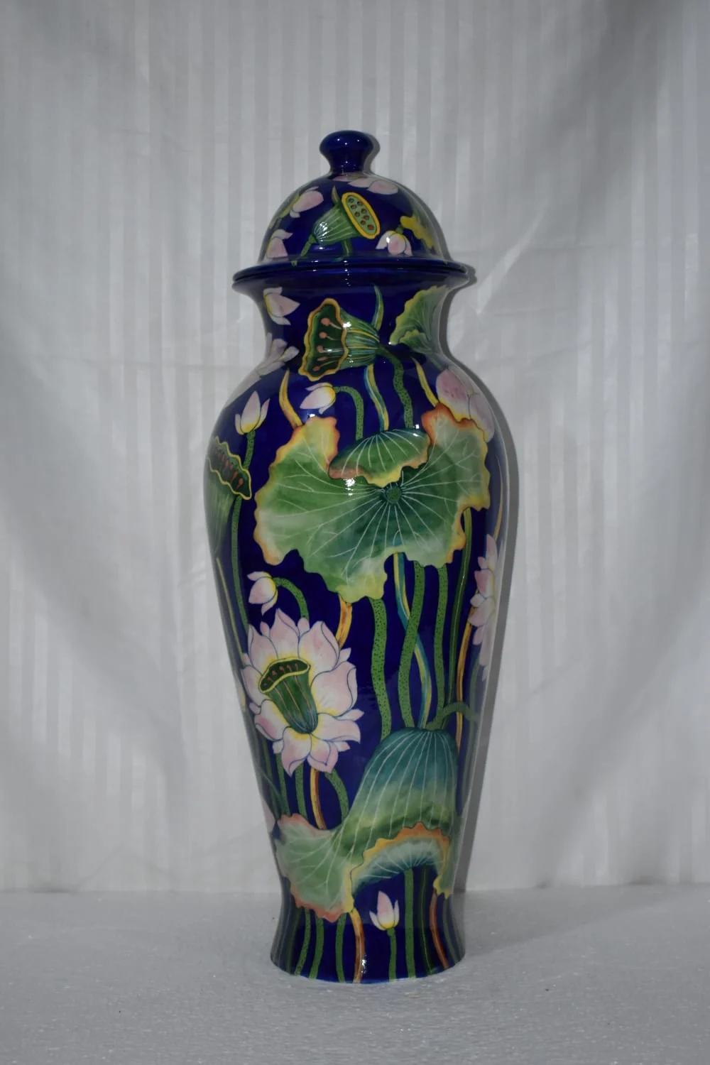Midnight Lotus Lidded Urn — handmade Jaipur blue pottery by Sagar Blue Art Pottery