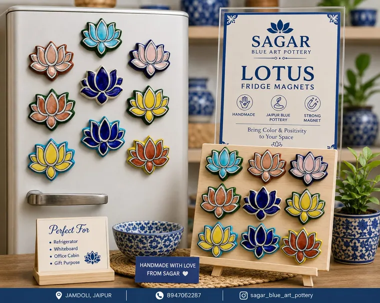 Lotus Fridge Magnets — handmade Jaipur blue pottery from the Fridges & Magnets collection