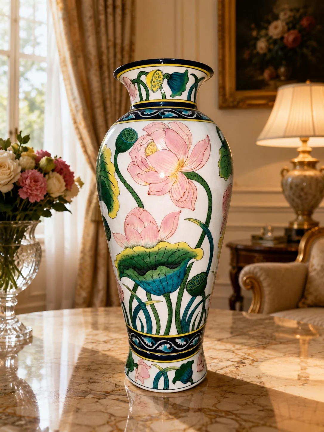 Blush Lotus Palace Vase — handmade Jaipur blue pottery by Sagar Blue Art Pottery