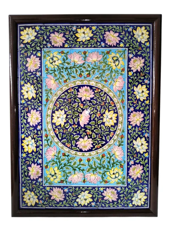 Framed Lotus Medallion Mural — handmade Jaipur blue pottery from the Home Decor collection